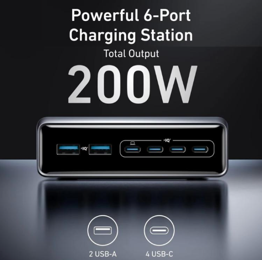 Cargador de Escritorio ANKER A2683 Prime 200W Nitruro de Galio, 4 Tipo-C+2 USB, 6 Puertos