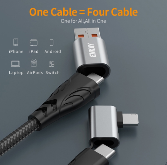 ENKAY PD100W. Cable Carga Rápida 4-in-1 USB-A / Tipo C, Tipo C / 8 Pin, Multifunción con Chip E-Marker, Largo:1 m