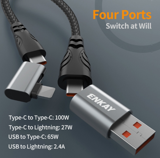 ENKAY PD100W. Cable Carga Rápida 4-in-1 USB-A / Tipo C, Tipo C / 8 Pin, Multifunción con Chip E-Marker, Largo:1 m