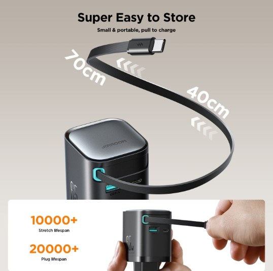 JOYROOM JR-TCL02. Cargador con cable Retráctil GaN 65W 2 Puertos