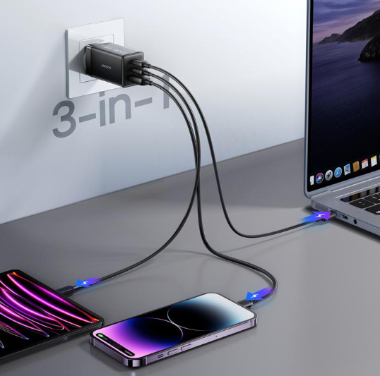 JOYROOM JR-TG10 65W. Cargador GaN Dual Tipo-C, 3 Puertos USB con cable Tipo-C a Tipo-C