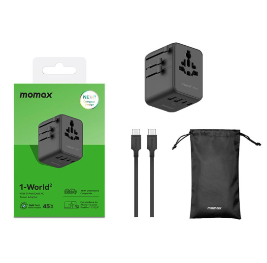 Cargador Viajero Universal MOMAX UA31D 1-World 2 45W Dual AC 5 Puertos, GaN con cable de 60W