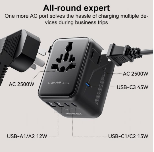 Cargador Viajero Universal MOMAX UA31D 1-World 2 45W Dual AC 5 Puertos, GaN con cable de 60W