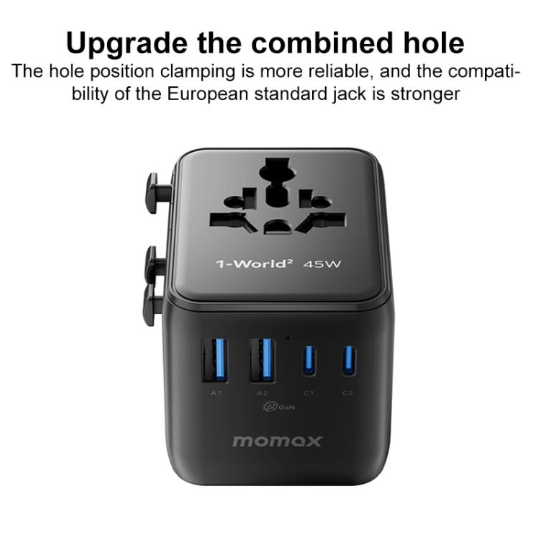 Cargador Viajero Universal MOMAX UA31D 1-World 2 45W Dual AC 5 Puertos, GaN con cable de 60W