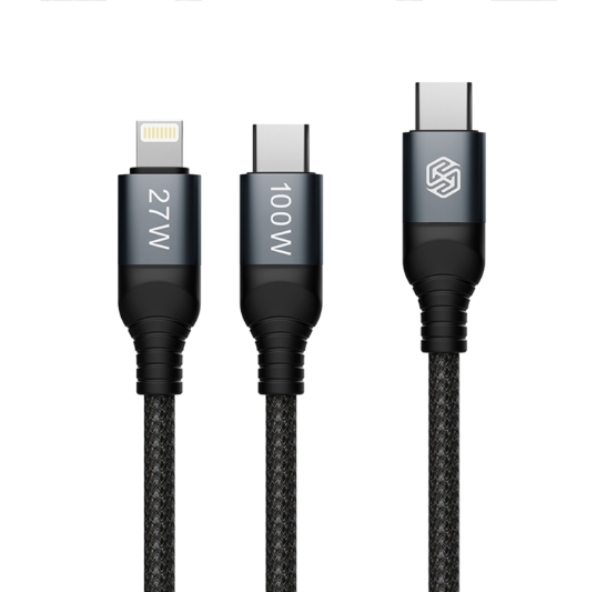 NILLKIN PD3.0 100W/27W. Cable Premium Carga Rápida. USB-C / Tipo-C a USB-C / Tipo-C + 8 Pin Dual Power, Largo: 1.5m