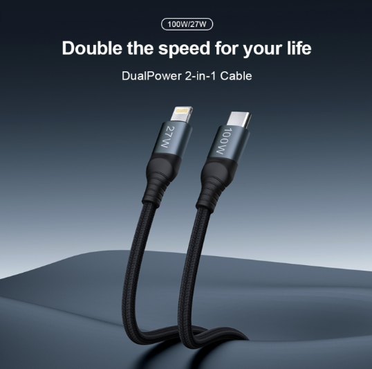 NILLKIN PD3.0 100W/27W. Cable Premium Carga Rápida. USB-C / Tipo-C a USB-C / Tipo-C + 8 Pin Dual Power, Largo: 1.5m