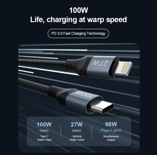 NILLKIN PD3.0 100W/27W. Cable Premium Carga Rápida. USB-C / Tipo-C a USB-C / Tipo-C + 8 Pin Dual Power, Largo: 1.5m