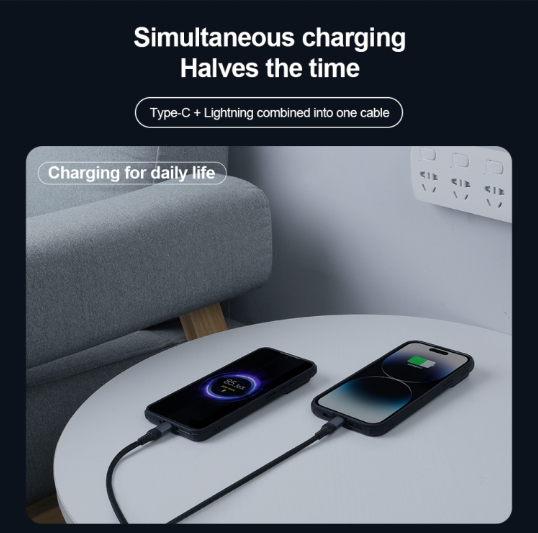 NILLKIN PD3.0 100W/27W. Cable Premium Carga Rápida. USB-C / Tipo-C a USB-C / Tipo-C + 8 Pin Dual Power, Largo: 1.5m
