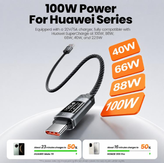 Toocki 100W. Cable con Display OLED digital 6A USB-A a USB-C, largo: 1 m