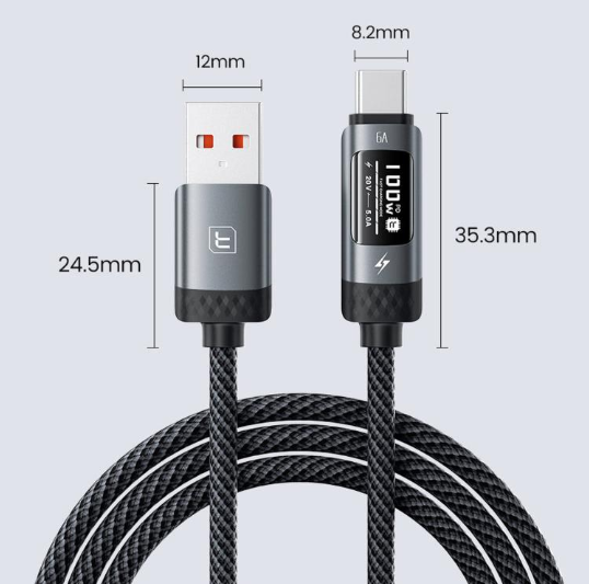 Toocki 100W. Cable con Display OLED digital 6A USB-A a USB-C, largo: 1 m