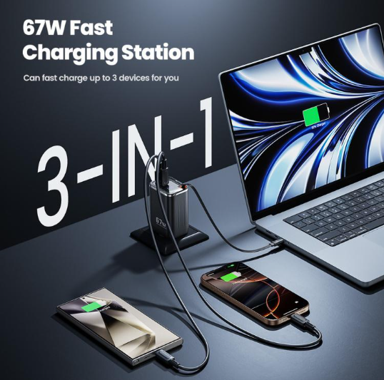 Toocki 67W. Cargador Rápido Retráctil con cable USB-C 3-in-1 Display LED