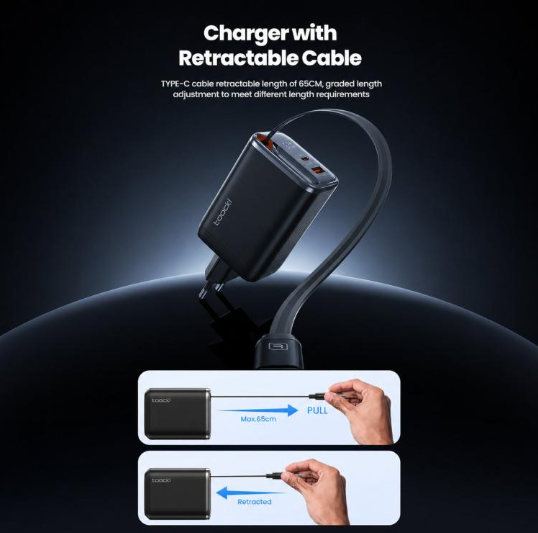 Toocki 67W. Cargador Rápido Retráctil con cable USB-C 3-in-1 Display LED