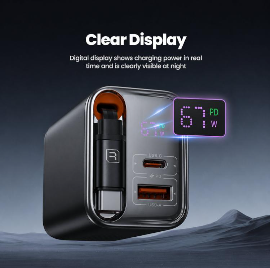 Toocki 67W. Cargador Rápido Retráctil con cable USB-C 3-in-1 Display LED