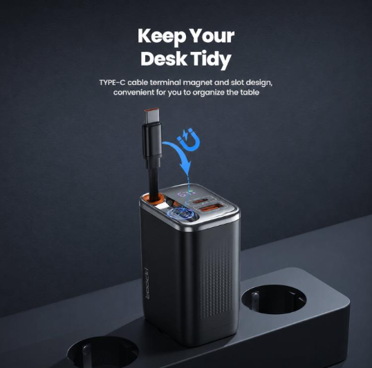 Toocki 67W. Cargador Rápido Retráctil con cable USB-C 3-in-1 Display LED