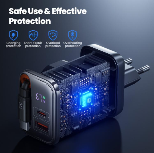 Toocki 67W. Cargador Rápido Retráctil con cable USB-C 3-in-1 Display LED