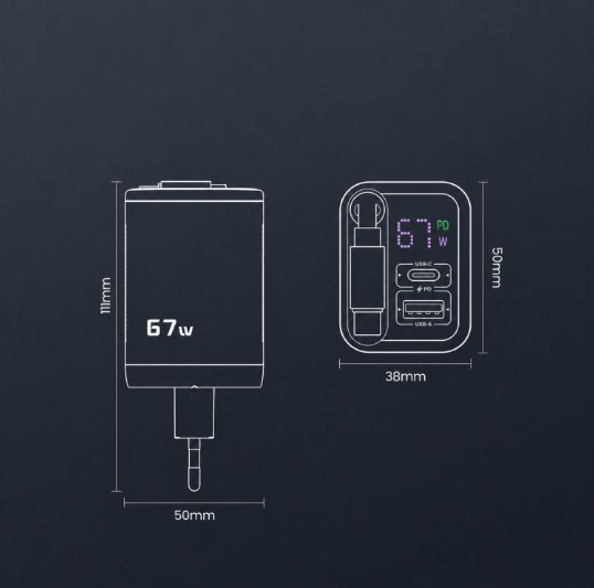 Toocki 67W. Cargador Rápido Retráctil con cable USB-C 3-in-1 Display LED