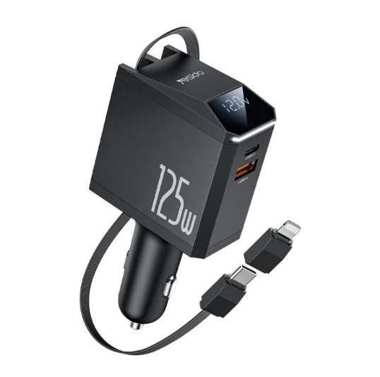 Yesido Y71. Cargador Rápido para Autos de 125W, Tipo-C + 8 Pin, con cable retráctil 3 en 1