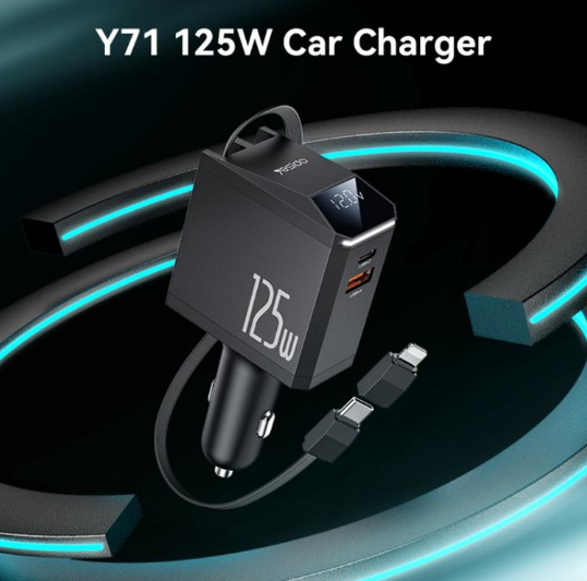 Yesido Y71. Cargador Rápido para Autos de 125W, Tipo-C + 8 Pin, con cable retráctil 3 en 1