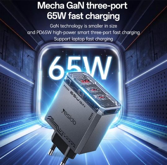 Yesido YC101 65W. Cargador Rápido Mecha GaN 3 puertos