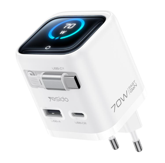 Yesido YC123 70W. Cargador Rápido con cable retráctil Tipo C, Material GaN, TFT Display