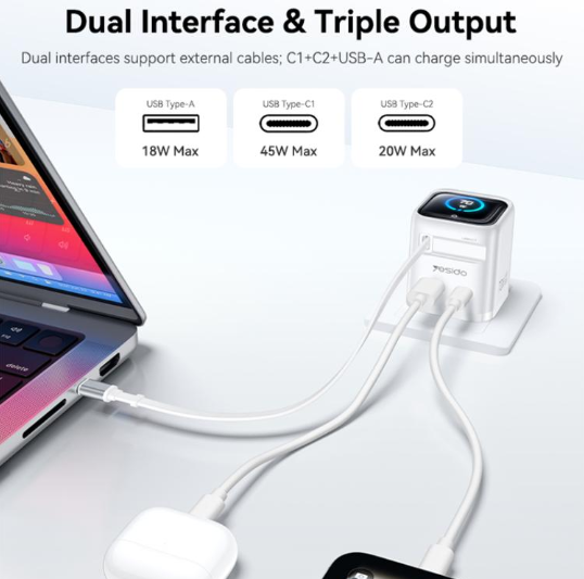 Yesido YC123 70W. Cargador Rápido con cable retráctil Tipo C, Material GaN, TFT Display