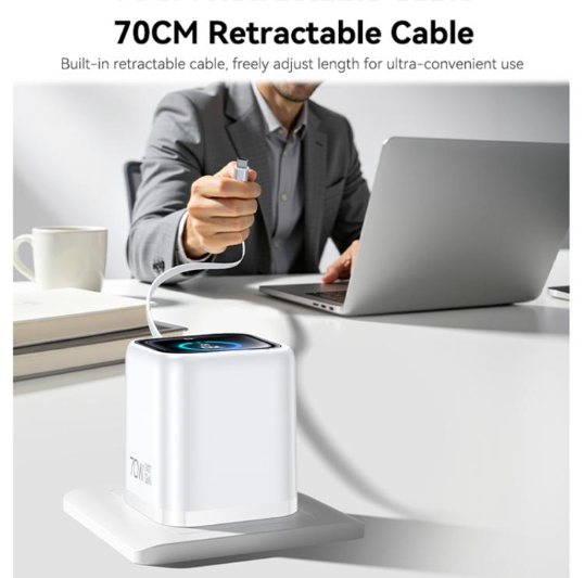 Yesido YC123 70W. Cargador Rápido con cable retráctil Tipo C, Material GaN, TFT Display